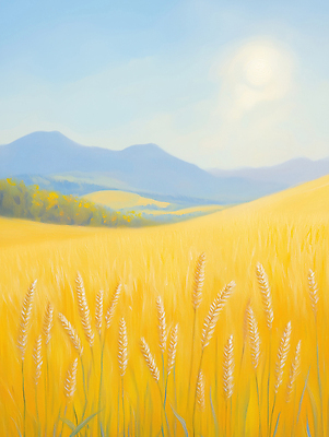 JPG 감정 컬러 농업 일러스트 자연 하늘 날씨 산 풍경 여름 파란색 농작물 스마트폰 평화 금색 수확 농촌 그림 기온 밀밭 평야 국내일러스트 AI일러스트 AI콘텐츠 계절 산업 컨셉 밭 핸드폰 스마트기기 시골 밀 생태계 파일형식