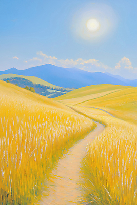 JPG 길 여행 일러스트 자연 하늘 바람 산 따뜻함 풍경 여름 파란색 햇빛 농경지 평화 일출 일몰 드라이브 금색 클라우드서비스 밀밭 국내일러스트 AI일러스트 AI콘텐츠 자연요소 계절 컬러 컨셉 밭 날씨 태양 농장 노을 운전 밀 서비스 생태계 파일형식