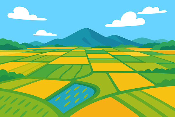 구름 농업 일러스트 자연 하늘 산 물줄기 풍경 초록색 물 여름 파란색 태양 농경지 평화 환경 금색 지역 논밭 지역사회 국내일러스트 AI파일 자연요소 계절 산업 컬러 컨셉 밭 논 농장 생태계 파일형식 벡터