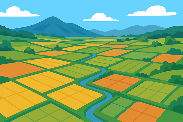 밭 농업 일러스트 자연 하늘 산 곡류 물줄기 풍경 초원 초록색 여름 파란색 농작물 강 평화 수확 농촌 지방 국내일러스트 AI파일 계절 산업 컬러 컨셉 물 시골 기름_음식 생태계 파일형식 벡터