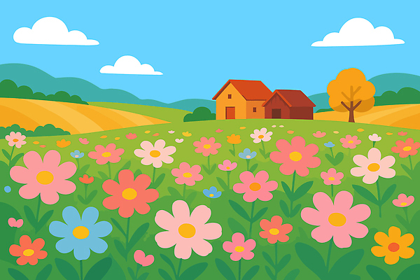 나무 식물 구름 꽃 화초 여유 컬러 꽃밭 농업 일러스트 자연 하늘 풍경 초원 농가 평화 봄 언덕 화사함 생동감 국내일러스트 AI파일 자연요소 계절 감정 산업 컨셉 농장 생태계 파일형식 벡터