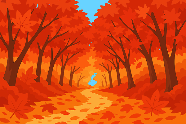 나무 열매 길 컬러 여행 단풍 잎 일러스트 자연 하늘 바닥 풍경 여름 햇빛 노란색 고요 산책 가을 숲 국내일러스트 AI파일 식물 계절 휴식 태양 생태계 파일형식 벡터