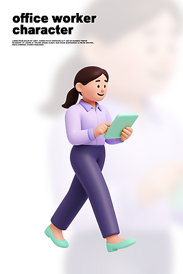PSD 편집이미지 캐릭터 옷 여자 태블릿 사무실 걷기 디지털 표현 업무 작업 사무원 집중 모던 장면 편집3D 직업 컨셉 비즈니스 모션 사람 전자제품 스마트기기 3D 파일형식