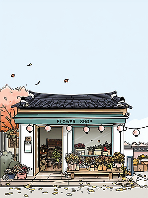 JPG 나무 식물 외관 꽃 화분 고건축 일러스트 자연 바람 나뭇잎 실내 장식 도시풍경 상점 가을 상품 꽃집 고객 오브젝트 국내일러스트 AI일러스트 AI콘텐츠 자연요소 건축물 계절 잎 날씨 풍경 내부 도시 생태계 파일형식