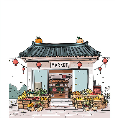 JPG 전통 음식 채소 과일 일러스트 호박 한국 사람 풍경 여러명 농작물 상점 전시 등불 시장 구매 상품 지역 방문 국내일러스트 AI일러스트 AI콘텐츠 아시아 다수 농업 조명 쇼핑 파일형식