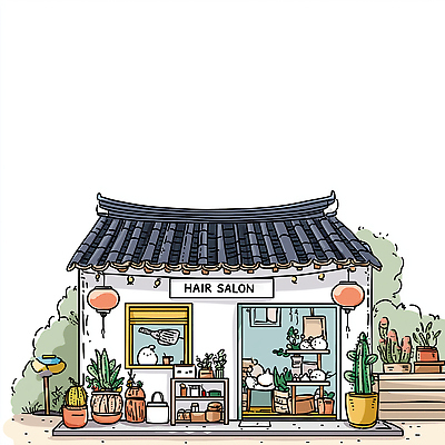 JPG 식물 전통 디자인 화분 문화 컬러 일러스트 한옥 한국 관리 건물 인테리어 머리 미용실 고객 오브젝트 스타일링 아기자기 국내일러스트 AI일러스트 AI콘텐츠 한국전통 건축물 아시아 컨셉 고건축 신체부위 뷰티샵 파일형식