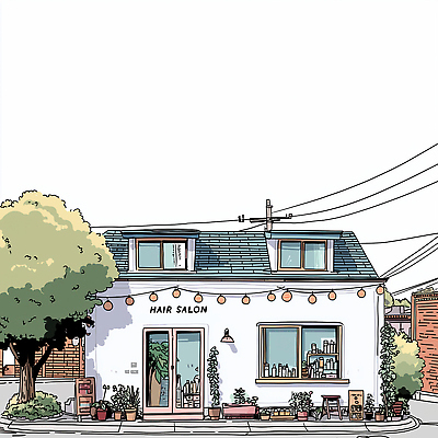 JPG 나무 디자인 화초 일러스트 거리 대화 풍경 건물 일상 뷰티 마을 상점 정원 분위기 미용실 편안함 고객 오브젝트 서비스 아기자기 국내일러스트 AI일러스트 AI콘텐츠 식물 건축물 컨셉 말하기 라이프 감각 뷰티샵 파일형식