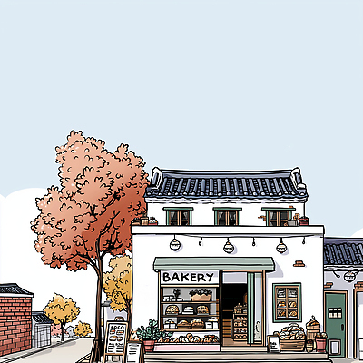 JPG 나무 전통 음식 여행 일러스트 디저트 거리 한국 사람 풍경 건물 일상 햇빛 상점 빵집 가을 도시 맛집 지역사회 국내일러스트 AI일러스트 AI콘텐츠 식물 건축물 계절 아시아 라이프 태양 파일형식