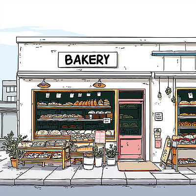 JPG 음식 빵 일러스트 아침 디저트 거리 간판 야외 햇빛 상점 식사 전시 신선 구매 편안함 고객 옵션 페스츄리 맛있는 국내일러스트 AI일러스트 AI콘텐츠 주간 쇼핑 태양 감각 파일형식