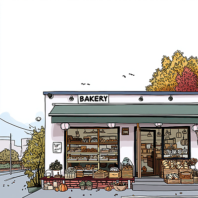 JPG 나무 외관 빵 단풍 일러스트 자연 디저트 풍경 잔디 일상 과자 빵집 가을 고객 아기자기 국내일러스트 AI일러스트 AI콘텐츠 식물 계절 음식 컨셉 잎 라이프 상점 생태계 파일형식