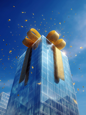 JPG 편집이미지 건축물 리본 상징 크리스마스 기념 이벤트 장식 세일 고층빌딩 축제 금색 축하 도시 높이 이미지편집 AI컴퓨터그래픽 AI콘텐츠 기념일 건축 컬러 컨셉 빌딩 파일형식