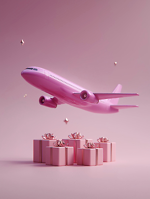 JPG 편집이미지 디자인 분홍색 백그라운드 하늘 비행기 선물 공중 장식 상자 세일 비행 분위기 장면 부드러움 특별함 이미지편집 AI컴퓨터그래픽 AI콘텐츠 컬러 컨셉 항공교통 대중교통 감각 파일형식
