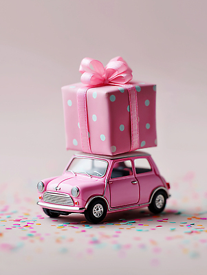 JPG 편집이미지 기념일 분홍색 응원 자동차 선물 장식 상자 파티 세일 귀여움 축하 분위기 오브젝트 미니카 점박이 편집실사 AI컴퓨터그래픽 AI콘텐츠 육상교통 컬러 컨셉 이벤트 CG 파일형식