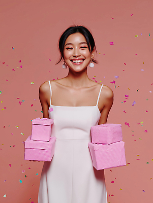 JPG 편집이미지 여자 행복 분홍색 포즈 선물 웃음 이벤트 장식 캐주얼 파티 세일 기쁨 축하 생일 즐거움 의료성형뷰티 편집실사 AI인물포토 AI콘텐츠 옷 기념일 감정 컬러 컨셉 표정 사람 CG 파일형식 AI포토