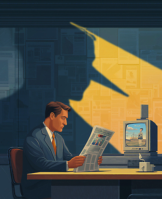 JPG 남자 문화 커피 일러스트 그림자 일상 사무실 독서 스크린 텔레비전 정보 직장인 신문 뉴스 분위기 집중 언론 소통 거짓말 콘텐츠 국내일러스트 AI일러스트 AI콘텐츠 직업 음료 컨셉 비즈니스 사람 라이프 간행물 전자제품 파일형식