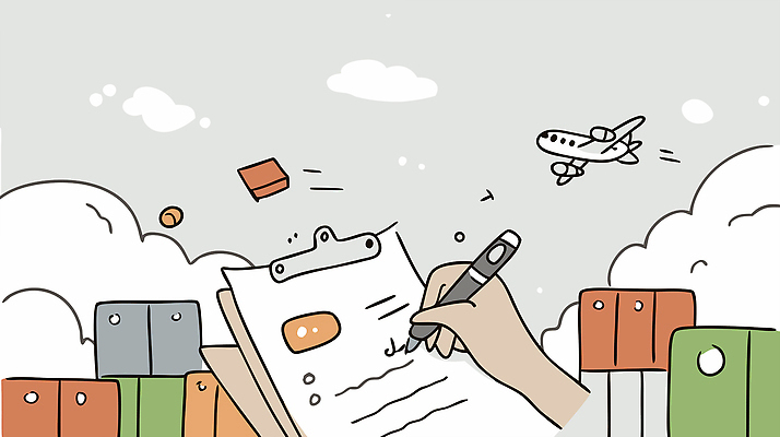 일러스트 하늘 비행기 관리 상자 트럭 화물 운송업 기록 도시 업무 계획 상품 항공 무역 문서 평가 물류 서류판 체크리스트 국내일러스트 AI파일 산업 컨셉 항공교통 자동차 대중교통 사무용품 작업 파일형식 벡터