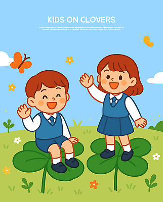 꽃 행복 교복 어린이 나비 일러스트 자연 놀이 웃음 잔디 친구 소풍 유치원생 인사 클로버 놀기 국내일러스트 AI파일 식물 옷 감정 곤충 관계 모션 표정 사람 야외활동 예절 생태계 파일형식 벡터