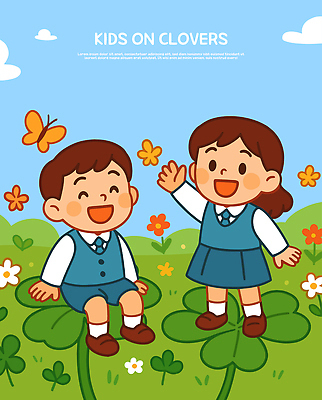 꽃 행복 감정 여유 어린이 나비 일러스트 자연 놀이 웃음 초원 초록색 친구 소풍 환경 클로버 즐거움 놀기 국내일러스트 AI파일 식물 컬러 곤충 관계 모션 표정 사람 야외활동 생태계 파일형식 벡터