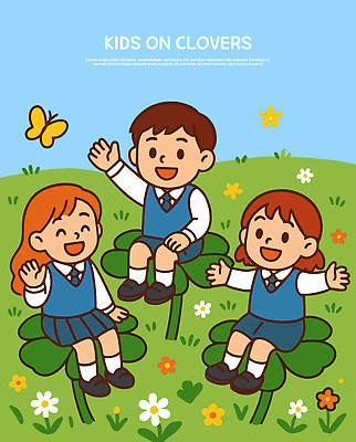 꽃 행복 어린이 일러스트 자연 놀이 웃음 초원 여름 친구 봄 자유 도전 네잎클로버 즐거움 손흔들기 오후 국내일러스트 AI파일 식물 계절 감정 컨셉 관계 모션 표정 사람 클로버 생태계 파일형식 벡터