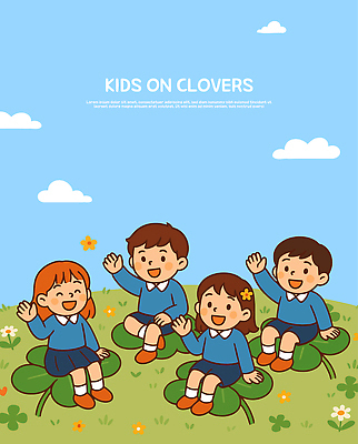 행복 어린이 일러스트 가족 자연 놀이 함께함 웃음 초원 야외 친구 햇빛 시골 네잎클로버 즐거움 분꽃 손흔들기 국내일러스트 AI파일 식물 꽃 감정 컨셉 관계 모션 표정 사람 태양 클로버 생태계 파일형식 벡터