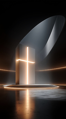 JPG 편집이미지 디자인 기독교 예술 상징 십자가 조명 빛 조형물 교회 어둠 공간 분위기 모던 심플 이미지편집 AI컴퓨터그래픽 AI콘텐츠 종교 컨셉 종교건축 미술 건물 파일형식
