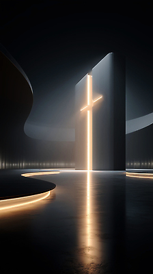JPG 편집이미지 종교 예술 십자가 곡선 조명 형상 빛 교회 공간 신비 예배 감성 이미지편집 AI컴퓨터그래픽 AI콘텐츠 선 컨셉 종교건축 건물 파일형식