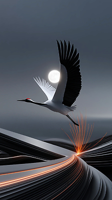 JPG 동물 편집이미지 감정 예술 컬러 야경 자연 하늘 불꽃 풍경 어둠 학 비행 신비 달빛 조화 이미지편집 AI컴퓨터그래픽 AI콘텐츠 컨셉 조류 불 달 야간 생태계 파일형식 풍경_경치