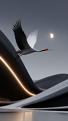 JPG 편집이미지 건축물 디자인 예술 곡선 자연 조류 하늘 풍경 학 달 비행 밤 조화 이미지편집 AI컴퓨터그래픽 AI콘텐츠 자연요소 동물 건축 선 견과류 생태계 파일형식