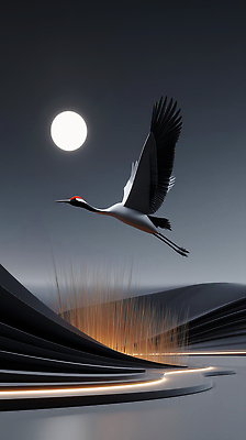 JPG 편집이미지 곡선 자연 조류 밤하늘 하늘 풍경 고요 학 비행 생태 달빛 조화 뷰티풀 이미지편집 AI컴퓨터그래픽 AI콘텐츠 동물 선 달 야간 생태계 파일형식