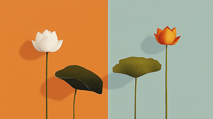 JPG 식물 디자인 컬러 백그라운드 일러스트 자연 연꽃 그래픽 파란색 주황색 표현 연잎 모던 그림 심플 조화 조형 창의성 국내일러스트 AI일러스트 AI콘텐츠 꽃 잎 생태계 파일형식