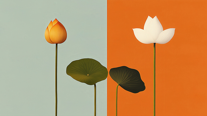 JPG 식물 디자인 꽃 예술 컬러 백그라운드 일러스트 자연 생명 연꽃 초록색 주황색 흰색 연습 조경 이미지 화사함 조화 뷰티풀 국내일러스트 AI일러스트 AI콘텐츠 컨셉 생태계 파일형식