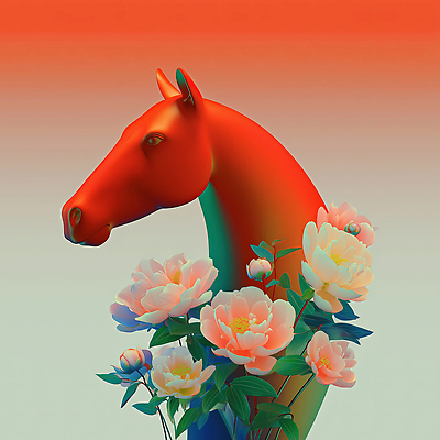 JPG 모양 편집이미지 디자인 꽃 예술 꽃다발 백그라운드 초록색 조형물 주황색 말_게임 뷰티풀 이미지편집 병오년 붉은말 AI컴퓨터그래픽 AI콘텐츠 식물 컬러 미술 말_동물 파일형식 2026년