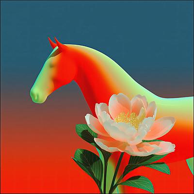 JPG 모양 편집이미지 디자인 꽃 예술 백그라운드 그래픽 표현 말_게임 감각 조화 색채 창의성 이미지편집 병오년 붉은말 AI컴퓨터그래픽 AI콘텐츠 식물 말_동물 파일형식 2026년