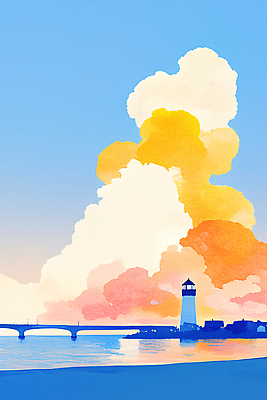 JPG 구름 예술 바다 컬러 일러스트 자연 하늘 조명 수채화 등대 풍경 평화 일몰 도시 네트워크 저녁 뷰티풀 색채 가교 수평선 국내일러스트 AI일러스트 AI콘텐츠 자연요소 건축물 컨셉 노을 야간 생태계 파일형식