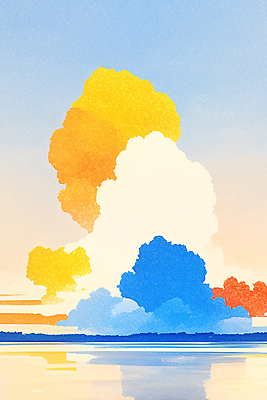 JPG 구름 예술 컬러 일러스트 자연 하늘 창조 미술 풍경 파란색 노란색 평화 주황색 일몰 표현 조화 뷰티풀 색채 국내일러스트 AI일러스트 AI콘텐츠 자연요소 컨셉 문화예술 노을 생태계 파일형식