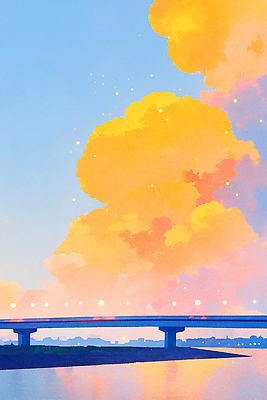 JPG 구름 여유 예술 컬러 하늘색 일러스트 자연 하늘 아침 미소 풍경 물 반사 평화 노을 일몰 저녁 조화 가교 국내일러스트 AI일러스트 AI콘텐츠 주간 자연요소 건축물 감정 컨셉 표정 파란색 야간 생태계 파일형식