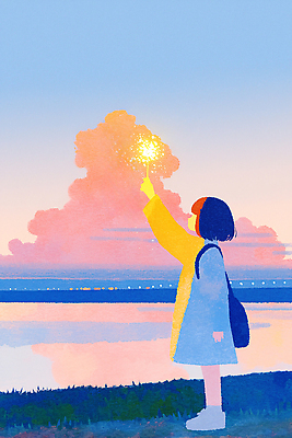 JPG 구름 손 별 물결 바다 컬러 나비 일러스트 하늘 풍경 소녀 빛 평화 노을 꿈 저녁 그림 순간 환상 국내일러스트 AI일러스트 AI콘텐츠 자연요소 여자 어린이 곤충 컨셉 신체부위 야간 파일형식