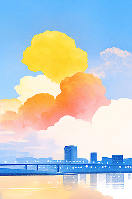 JPG 구름 실루엣 컬러 일러스트 자연 하늘 풍경 건물 물 여름 반사 평화 대기 도시 수면 저녁 시원함 모던 뷰티풀 풍경화 국내일러스트 AI일러스트 AI콘텐츠 자연요소 건축물 계절 컨셉 촬영기법 야간 그림 생태계 파일형식