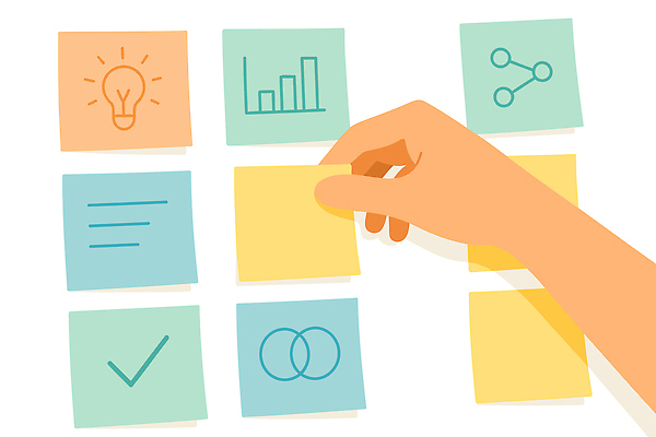 손 디자인 컬러 일러스트 회의 그래프 협력 아이디어 직장 일상 정보 메모지 업무 작업 계획 체크표시 포스트잇 정리 소통 창의력 창작 브레인스토밍 국내일러스트 AI파일 컨셉 회사 비즈니스 라이프 신체부위 사무용품 확인 파일형식 벡터