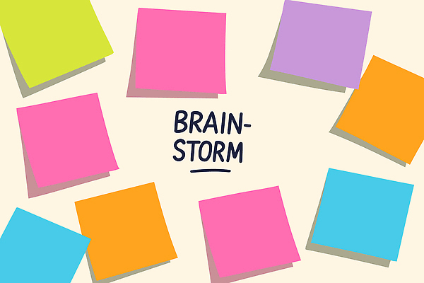 컬러 생각 일러스트 회의 협력 아이디어 사무실 공책 도구 표현 기록 메모지 업무 작업 조직 계획 포스트잇 정리 창의성 브레인스토밍 국내일러스트 AI파일 컨셉 비즈니스 문구용품 사무용품 파일형식 벡터