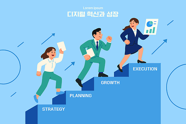 일러스트 비즈니스 성공 협력 관리 계단 디지털 자료 성장 시장 목표 계획 분석 직원 기획 전략 진행 혁명 개발 실행 국내일러스트 AI파일 컨셉 파일형식 벡터