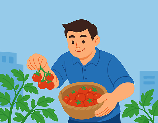 식물 남자 행복 농업 토마토 채소 일러스트 자연 건강 여름 농작물 농사 수확 신선 친환경 원예 색감 맛있는 국내일러스트 AI파일 계절 감정 산업 사람 취미 환경 생태계 파일형식 벡터