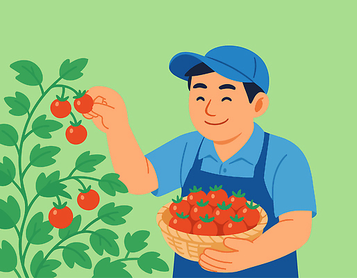 식물 행복 농업 토마토 채소 과일 일러스트 자연 일상 초록색 여름 농작물 농장 바구니 농사 기쁨 수확 신선 작업 농부 일손 국내일러스트 AI파일 직업 계절 감정 산업 컬러 라이프 생태계 파일형식 벡터