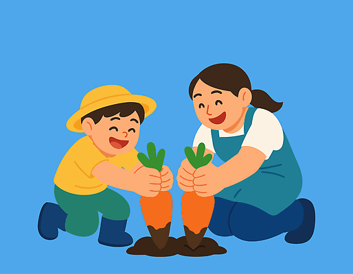 행복 어린이 농업 채소 일러스트 가족 자연 놀이 엄마 협력 웃음 여름 농장 농사 흙 당근 기쁨 수확 뿌리 국내일러스트 AI파일 계절 감정 산업 관계 뿌리채소 표정 사람 생태계 파일형식 벡터