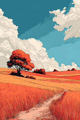 JPG 구름 길 여유 컬러 하늘색 일러스트 자연 생명 풍경 초원 햇빛 농장 주황색 고요 가을 뷰티풀 평원 국내일러스트 AI일러스트 AI콘텐츠 자연요소 계절 감정 농업 파란색 태양 생태계 파일형식