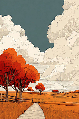 JPG 나무 구름 컬러 일러스트 자연 하늘 바람 날씨 주택 풍경 초원 농사 고요 일몰 가을 농촌 시골 뷰티풀 풍요 국내일러스트 AI일러스트 AI콘텐츠 자연요소 식물 계절 컨셉 농업 건물 노을 생태계 파일형식