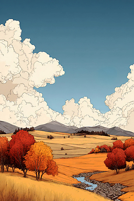 JPG 나무 구름 컬러 일러스트 자연 하늘 산 따뜻함 풍경 초원 빨간색 평화 고요 가을 구경 그림 조화 뷰티풀 목가 국내일러스트 AI일러스트 AI콘텐츠 자연요소 식물 계절 컨셉 생태계 파일형식