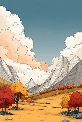 JPG 나무 구름 계절 컬러 일러스트 자연 하늘 산 풍경 빨간색 파란색 평화 골짜기 고요 금색 가을 숲 뷰티풀 풍경화 국내일러스트 AI일러스트 AI콘텐츠 자연요소 식물 컨셉 그림 생태계 파일형식