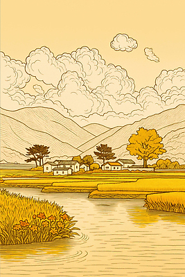 JPG 나무 식물 구름 전통 일러스트 자연 하늘 산 주택 한국 논 풍경 강 평화 가을 농촌 시골 색감 풍요 AI일러스트 AI콘텐츠 자연요소 계절 아시아 컨셉 농업 건물 생태계 파일형식