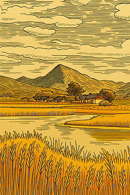 JPG 구름 농업 일러스트 자연 하늘 산 사람 풍경 초원 물 여름 농작물 농가 평화 일출 수확 가을 시골 땅 귀농 조화 AI일러스트 AI콘텐츠 자연요소 계절 산업 컨셉 농장 노을 생태계 파일형식